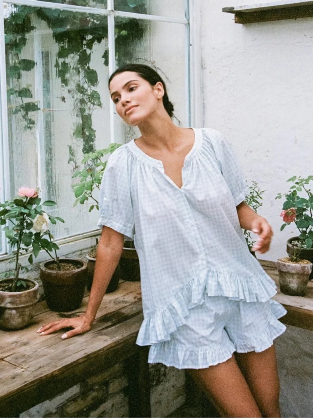 Light Blue Gingham Ruffle Button-Front Blouse - Picture 6 of 6